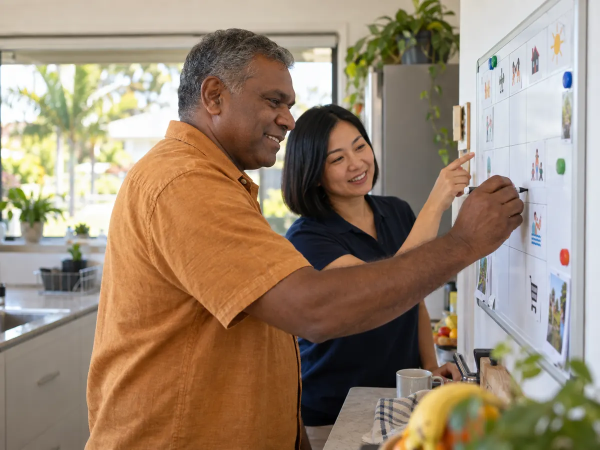 Man and support worker filling in a weekly planner on a kitchen whiteboard