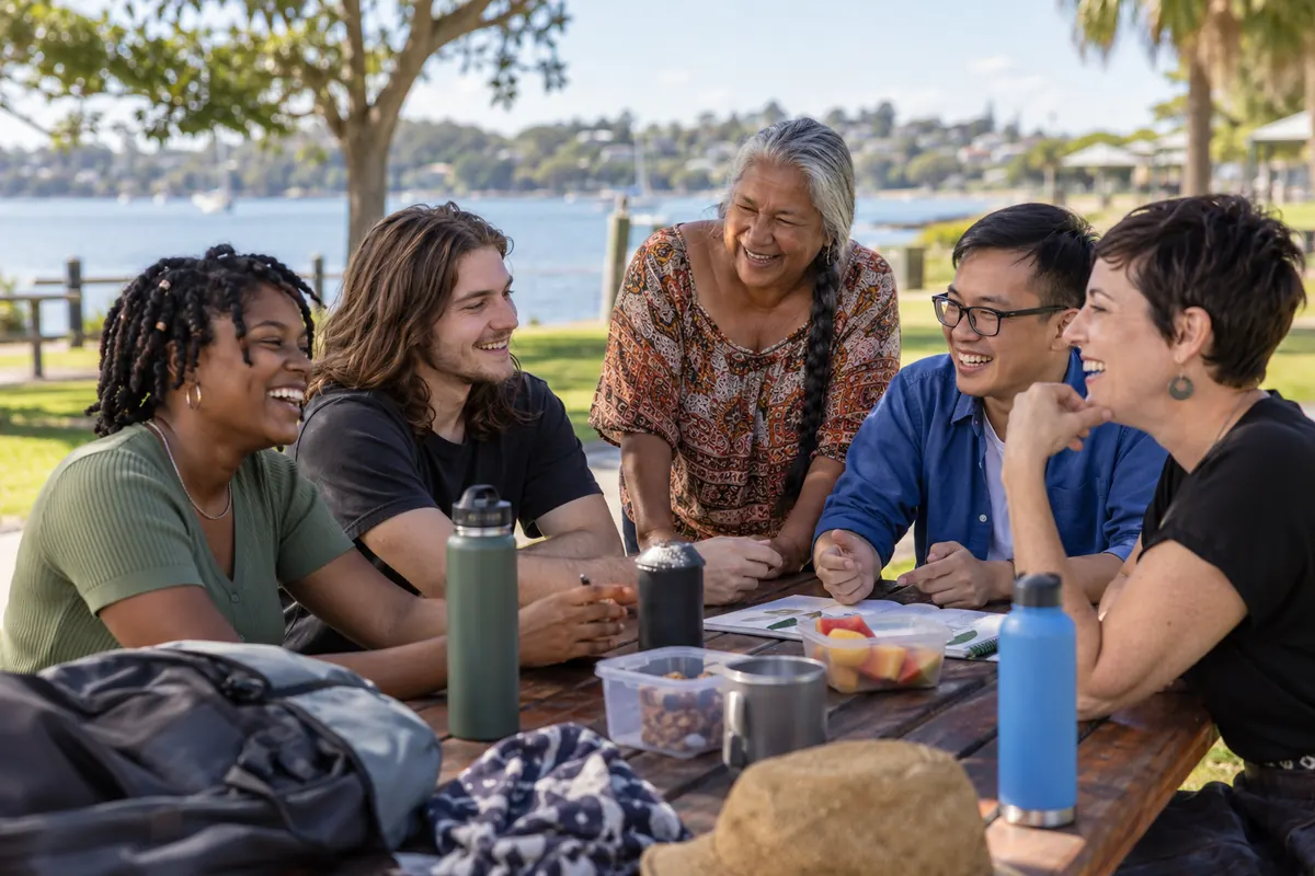 Esteem Mentoring workers and participants laughing together at a park picnic table