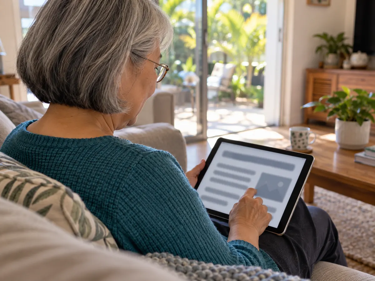 Participant using a tablet with large text while sitting on a couch at home