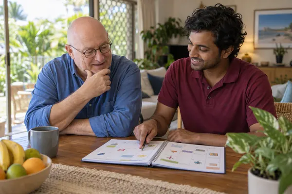 Adult participant and support worker reviewing a weekly planner together at home