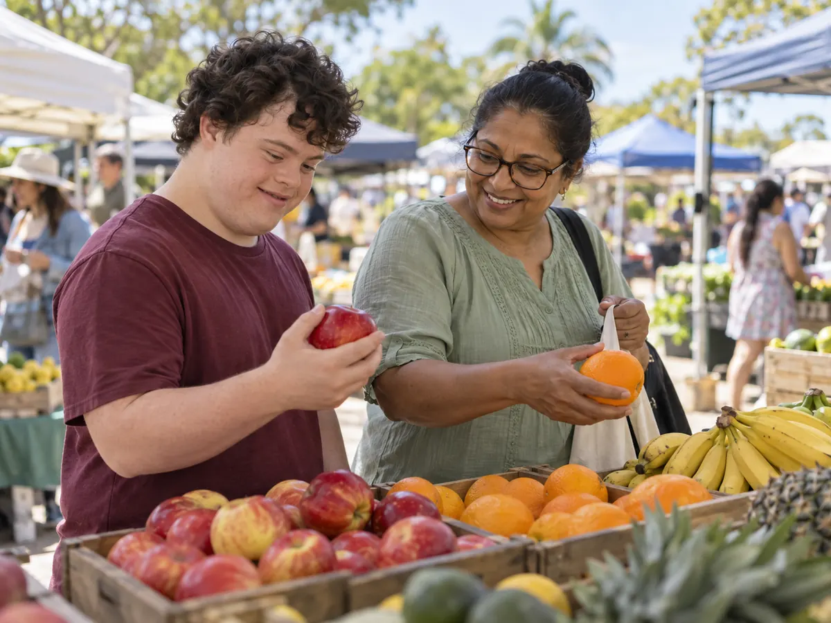 Support worker and participant choosing fruit at a local Saturday market