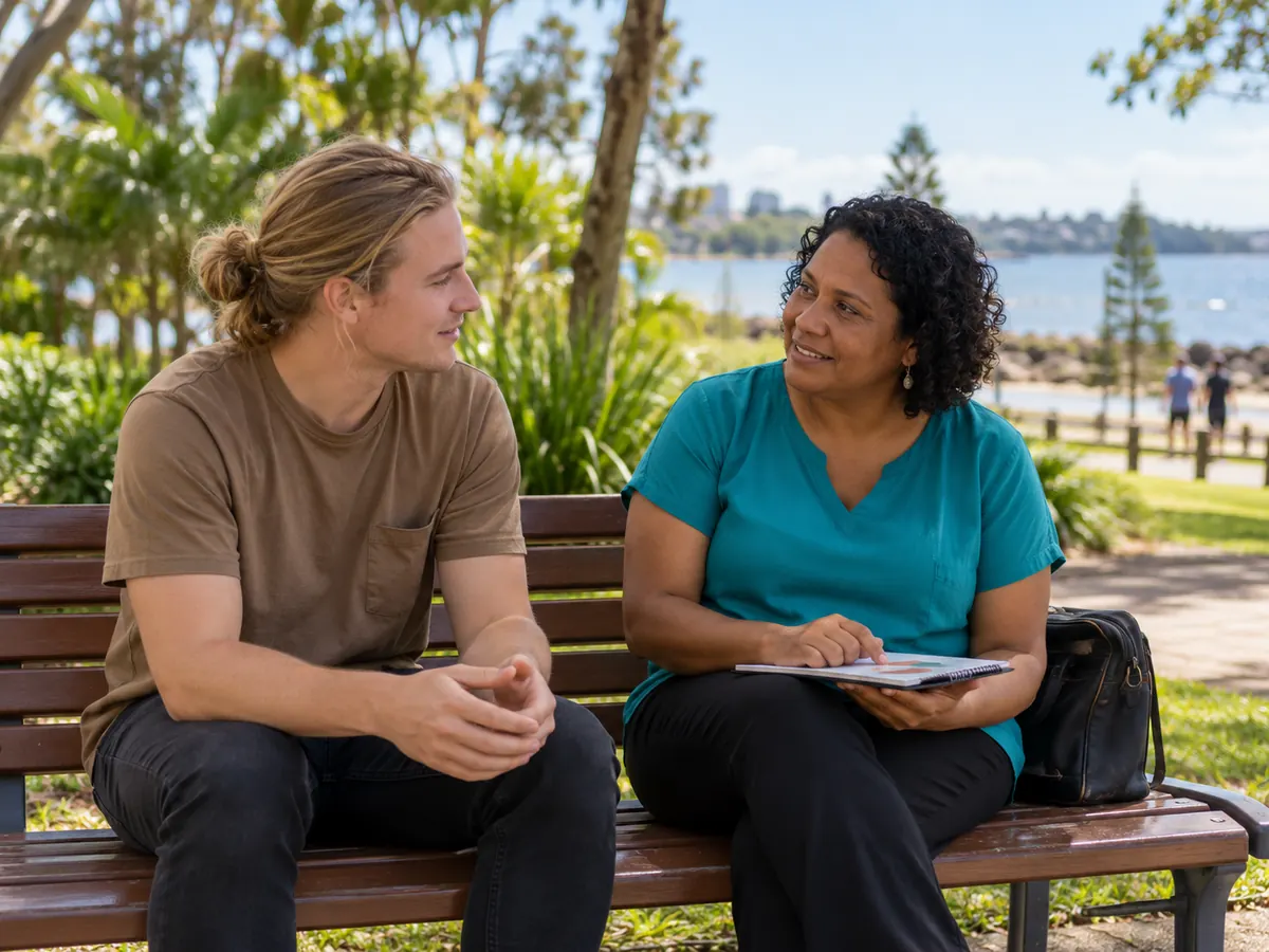 Support worker and young adult talking calmly on a park bench