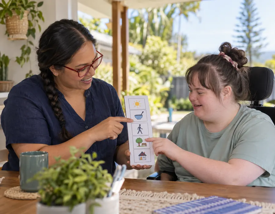 Support worker holding a simple visual daily schedule card