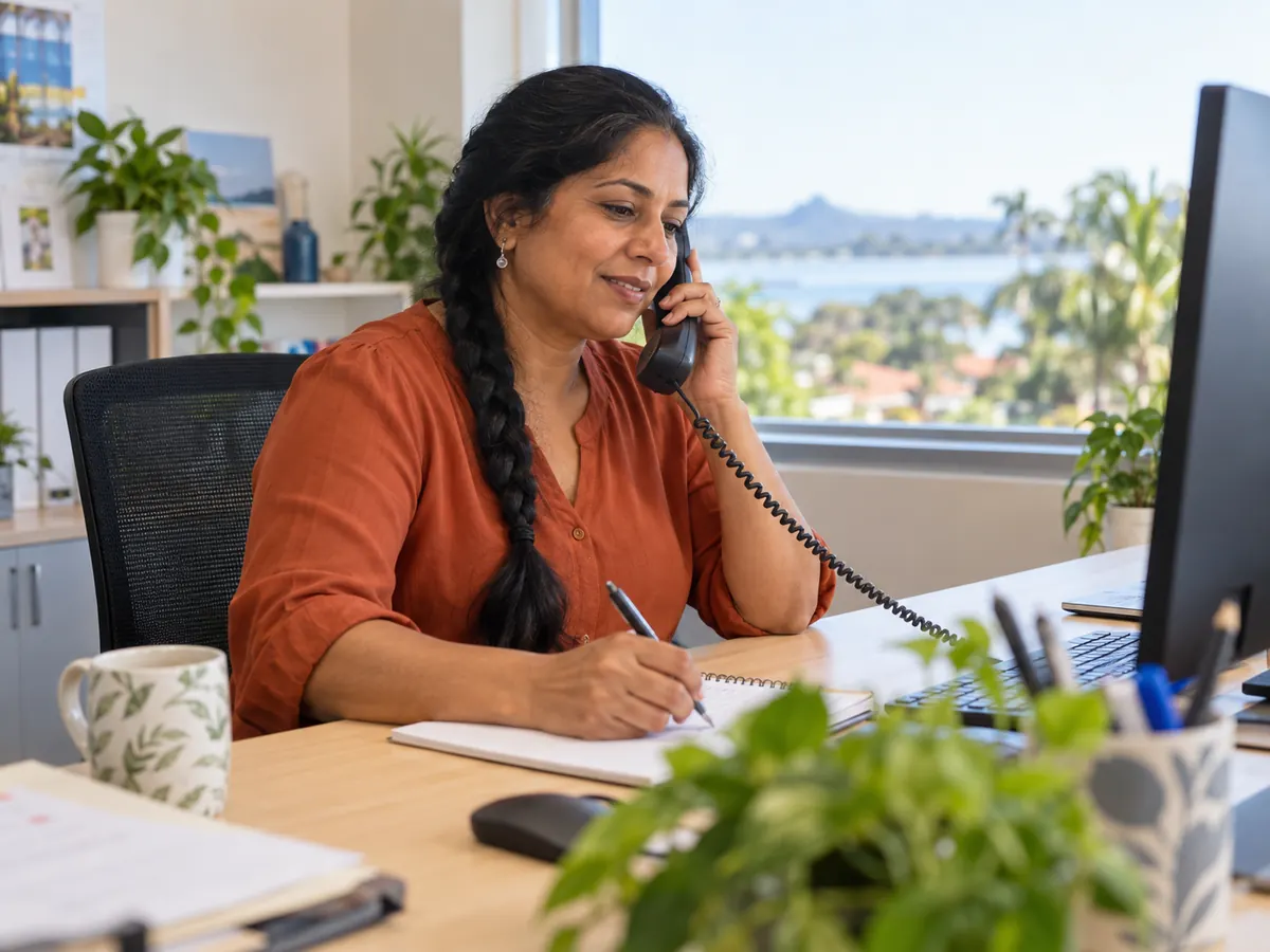 Support worker answering a phone call in a bright office