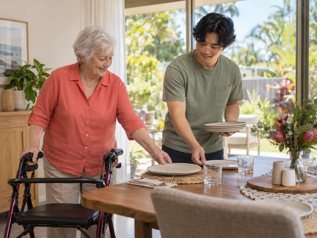 Support worker helping a woman with a walking frame set her dining table