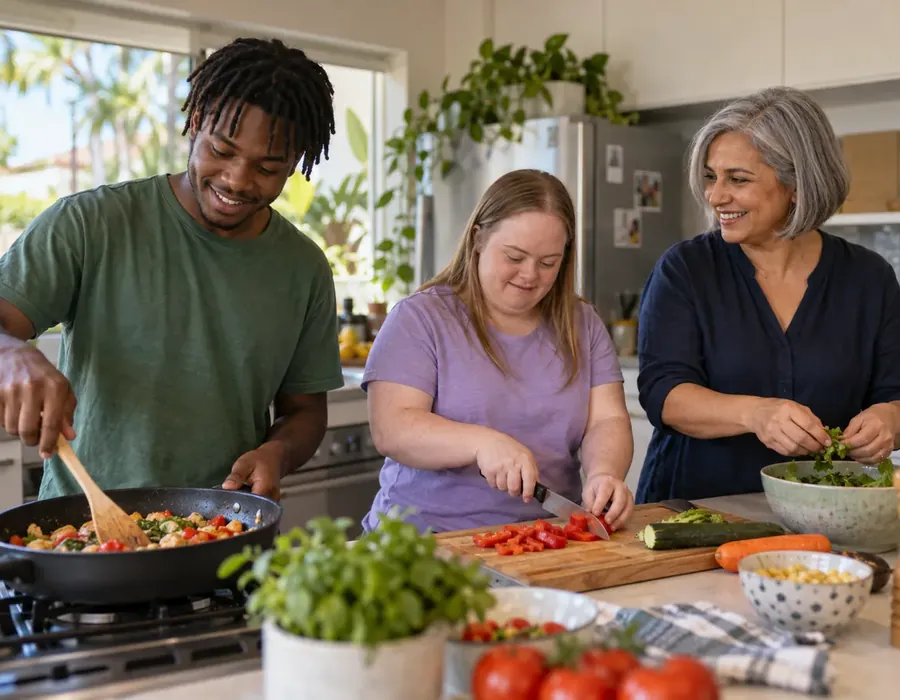Support worker and two adult participants cooking a meal together in a home kitchen