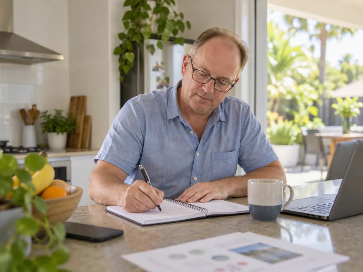 Family member writing in a notebook at a kitchen bench