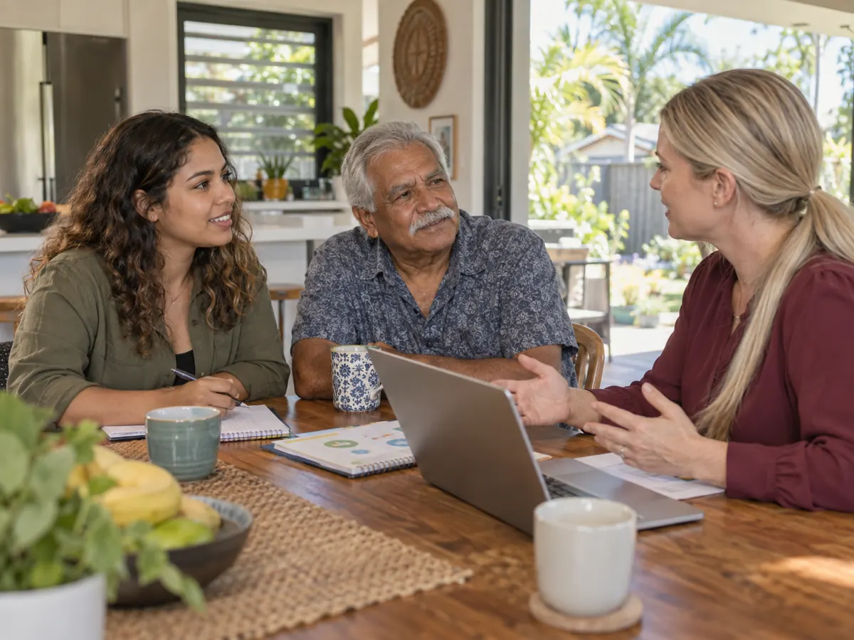 Participant, family member and support worker talking around a kitchen table at a first meeting