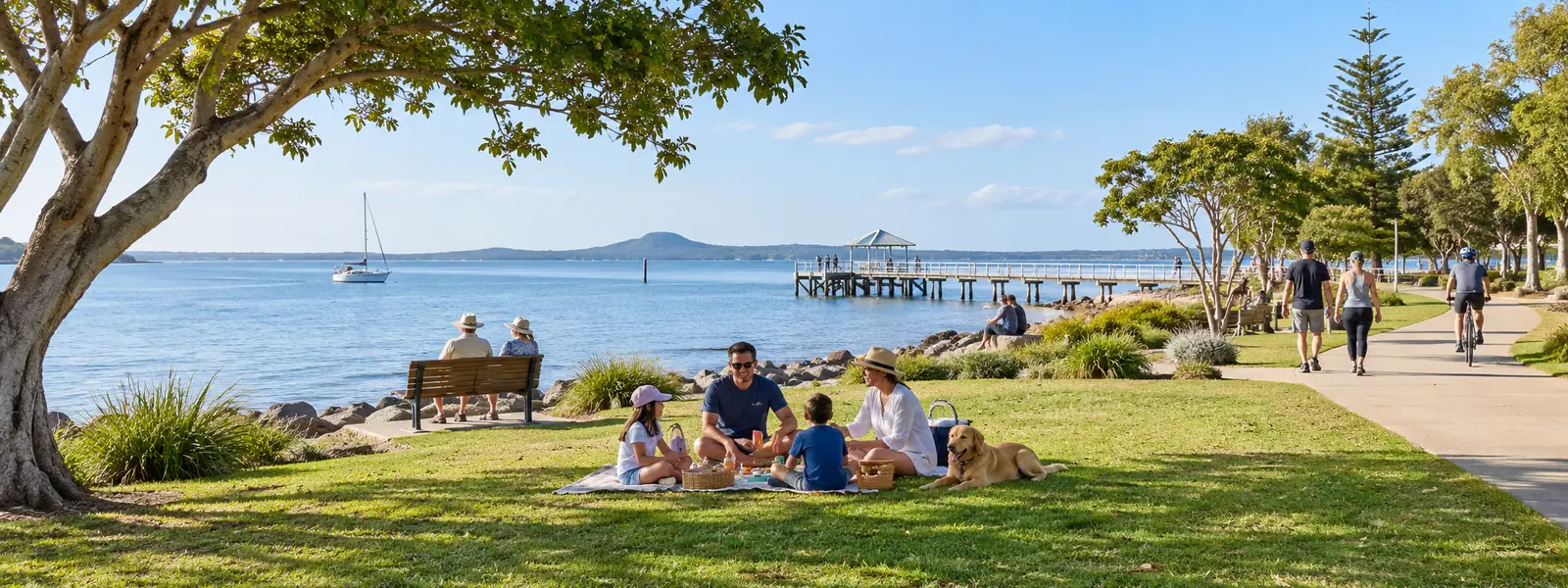 Moreton Bay waterfront parkland with people enjoying a weekend outing