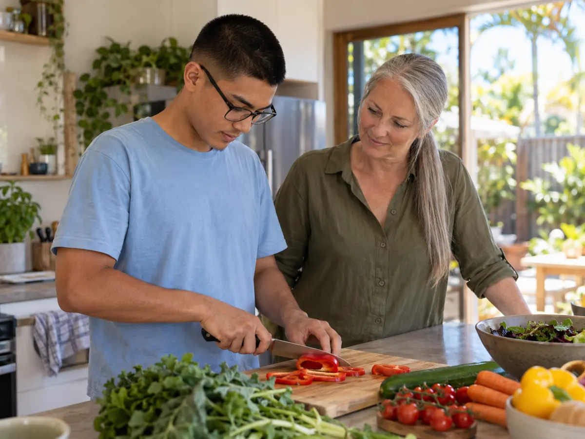 Mentor watching a young man chop vegetables in a home kitchen