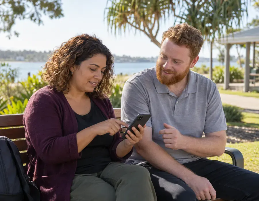 Mentor and adult participant talking through plans together on a park bench by the water