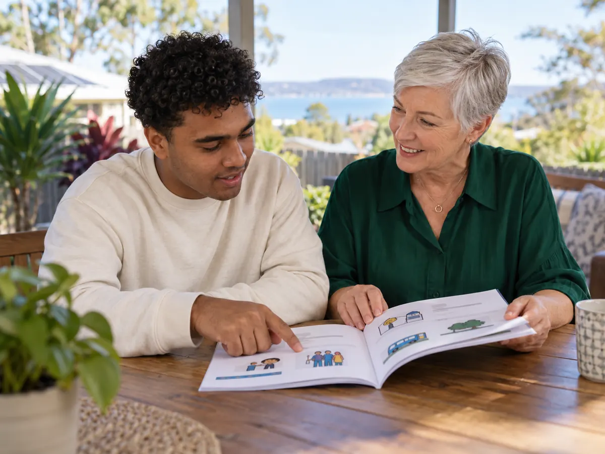 Participant reading an Easy Read booklet with a support worker at a table