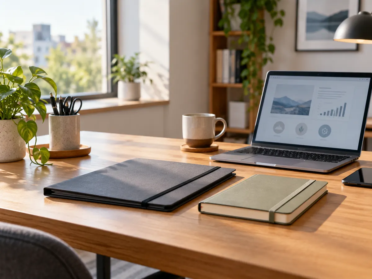 Closed folder and notebook on a tidy office desk in soft morning light