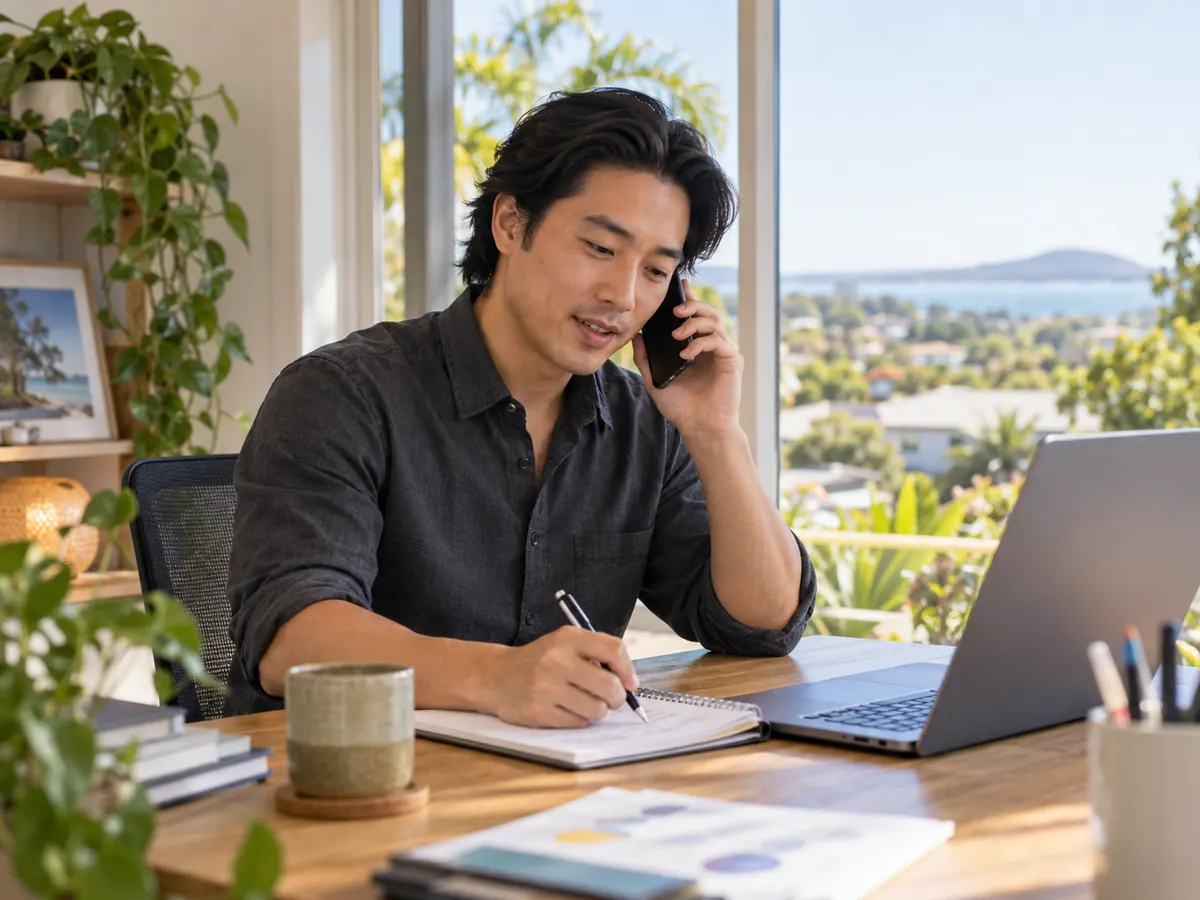Support coordinator on a phone call at a desk with notes and a laptop