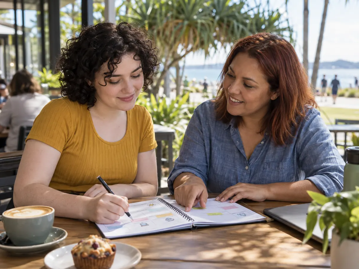 Support worker and participant planning the week together at a café table