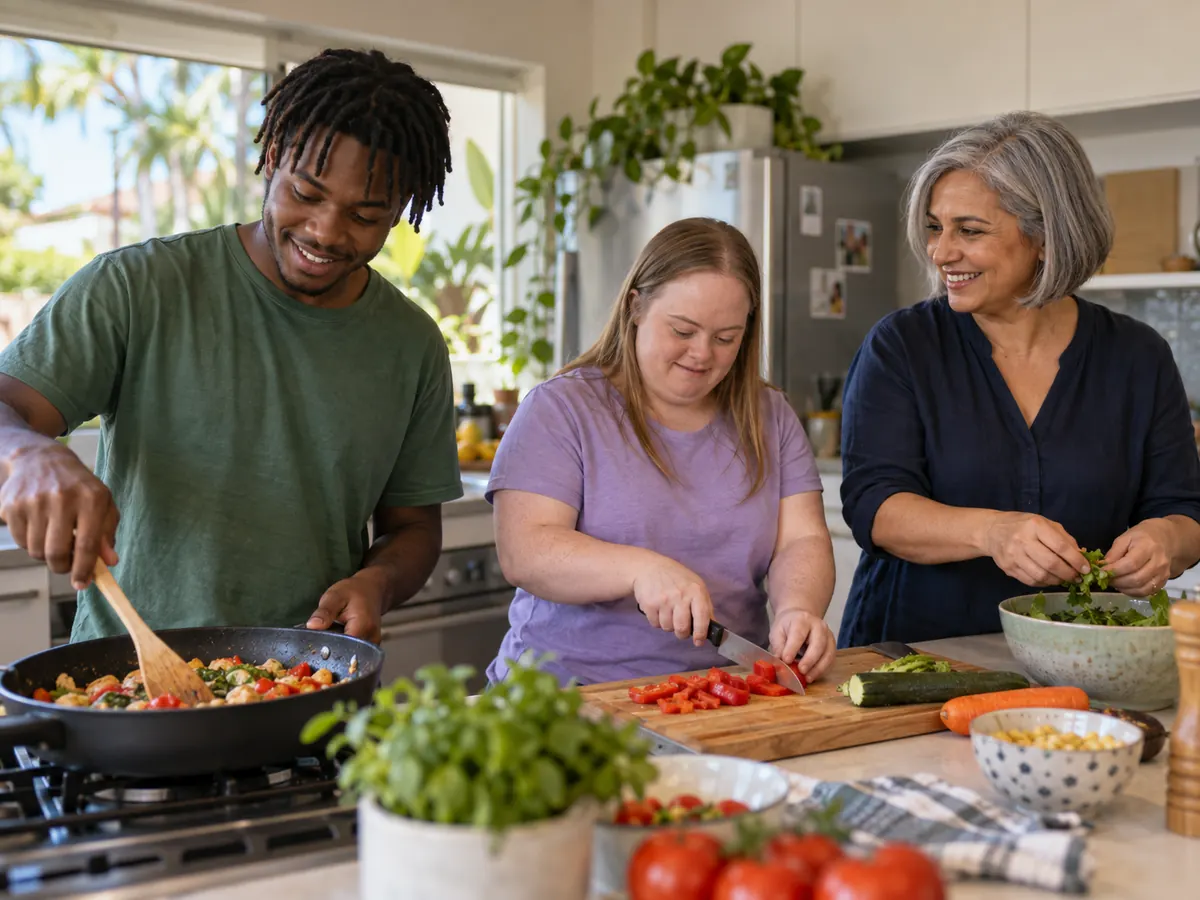 Two housemates and a support worker cooking dinner in a shared kitchen