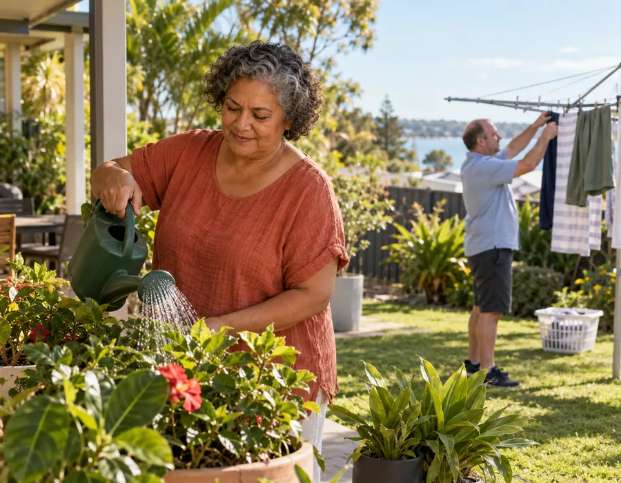 Participant watering patio plants while a worker hangs washing