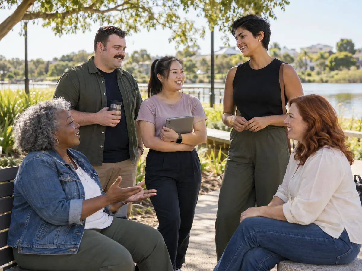 Esteem Mentoring team members chatting together outdoors in a North Lakes park