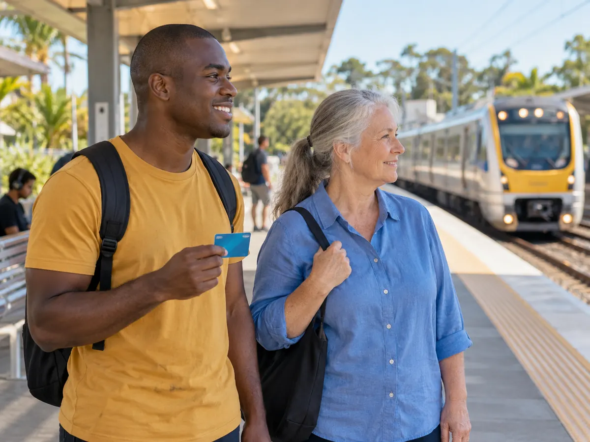 Support worker and participant with a go card waiting on a train platform