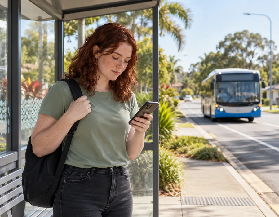 Participant reading a bus timetable on a phone at a suburban bus stop